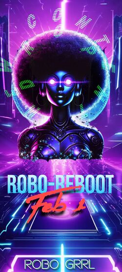 Flyer for Robo Reboot event. Black and purple Robot with afro, lasers shooting out of eyes, set in blue and pink futuristic background